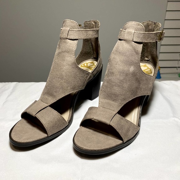 Fergalicious Shoes - Fergalicious by Fergie Taupe Suede Marquette Open Toe Block Heeled Sandals-Sz 10